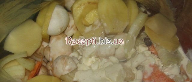 Картопля з печінкою та грибами в рукаві Цибуля ріпчаста