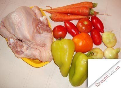 Курча з овочами, тушкований у фользі інгредієнти